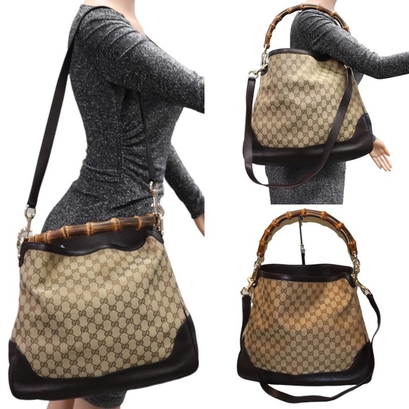💎✨LARGE TWO-WAY✨💎 Gucci Bamboo Beige Dark Brown Jacquard Leather Tote Bag
